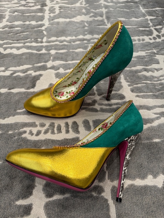 Gucci Shoes - Gucci Gold and Teal Mixed-Material Stiletto Pumps. Never worn
